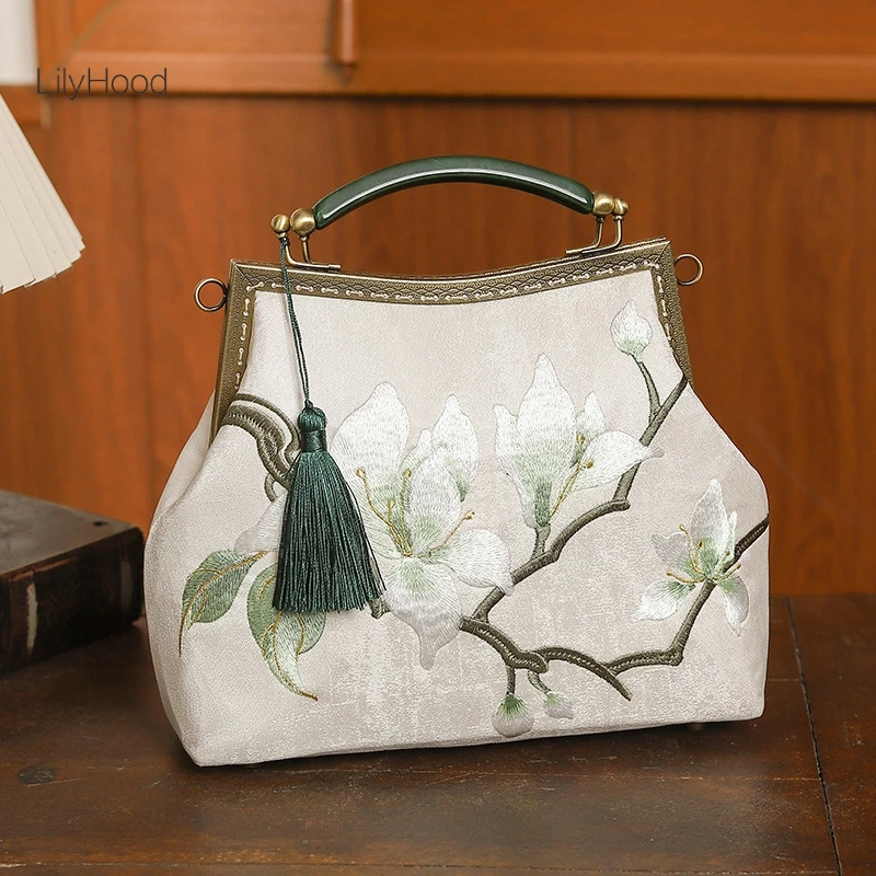 Women Floral Embroidery Fringes Medium Size Kisslock Handbag Female Vintage Retro Chic Designer Cottagecore Evening Shoulder Bag