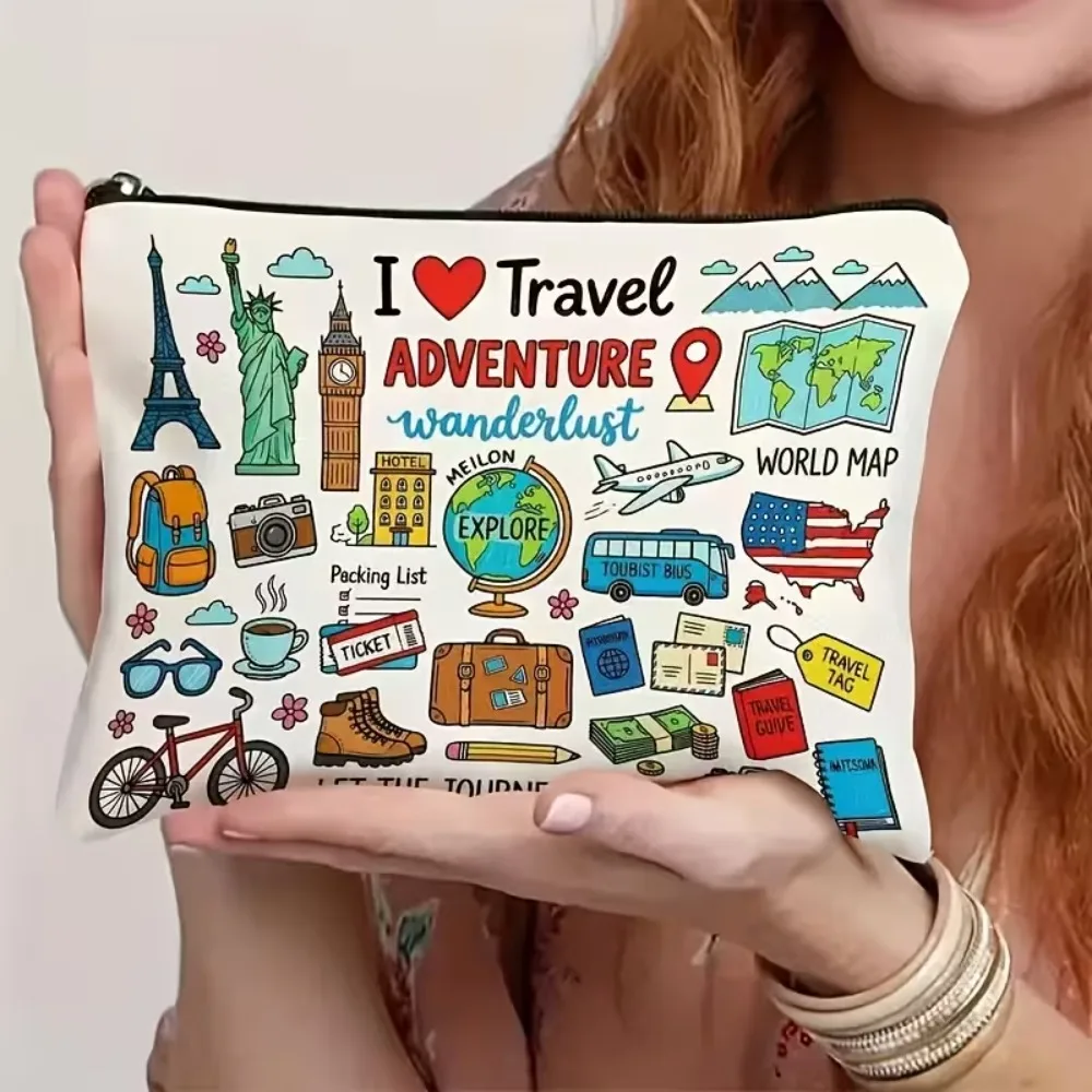 Wanderlust Travel Themed Cosmetic Pouch Globe Doodle Design Portable Zipper Bag Ladies Travel Makeup Accessories Storage Purse