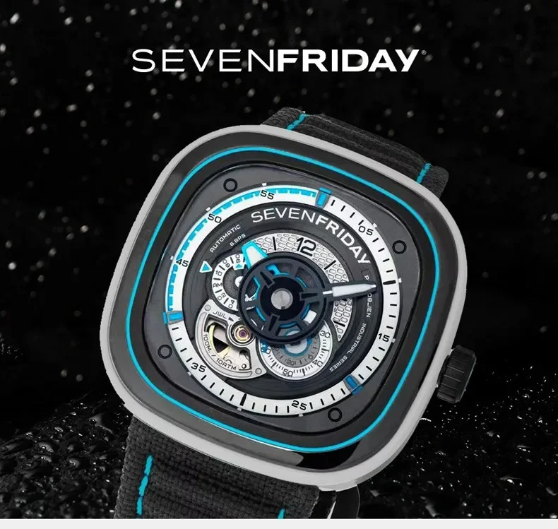 SEVENFRIDAY-Mechanical Watch with Square Large Dial for Men and Women, Automatic, P Series, Luxury Brand, P3C, 08