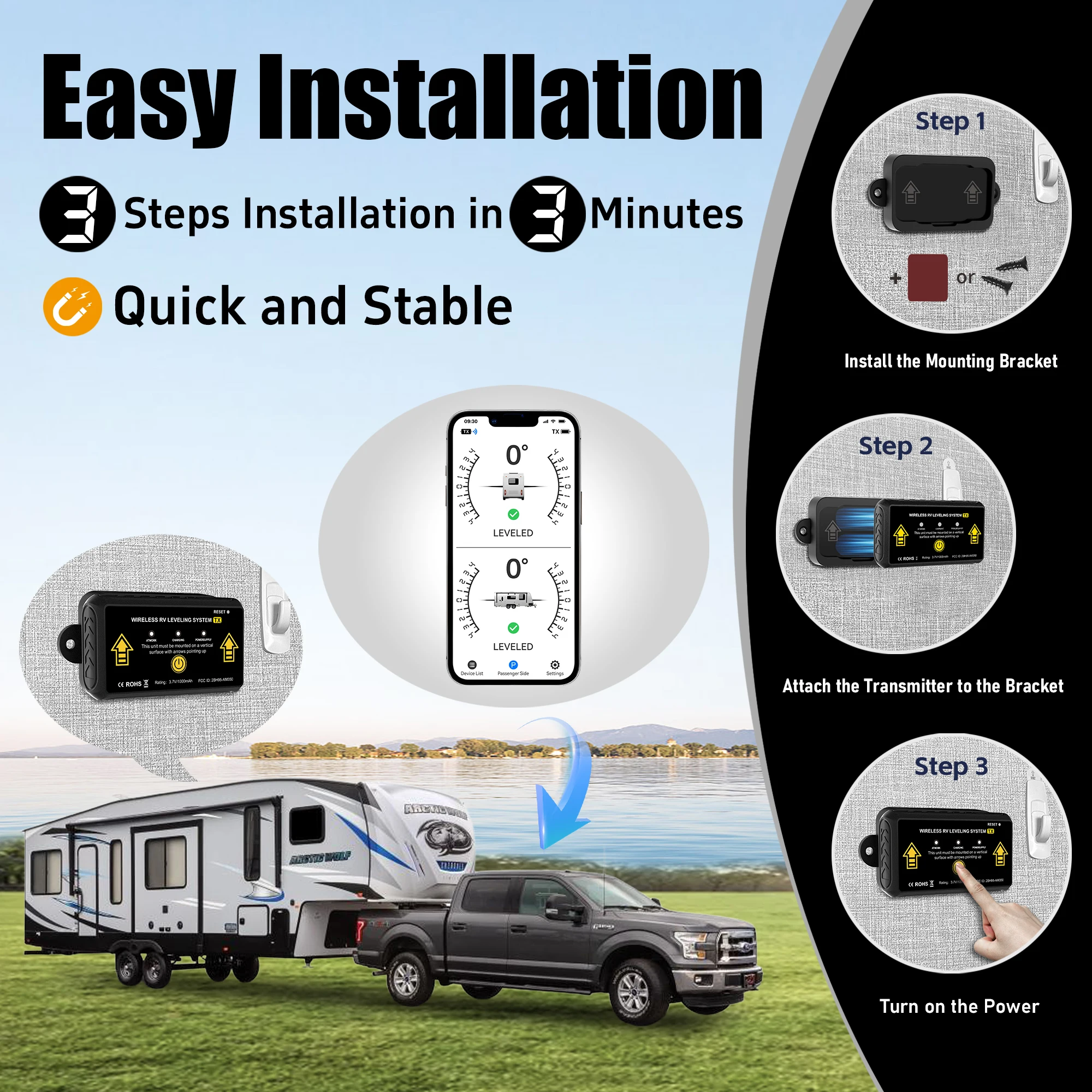 Wireless RV Leveling System AM350-X Bluetooth Caravan Levelling System App Real-Time Pitch Roll for Motorhome Camper Trailer