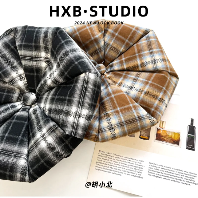 Japanese Y2k Retro Plaid Berets Casp for Women Spring and Autumn Korean Version Thin Casual Versatile Sweet Cloud Painter Hat