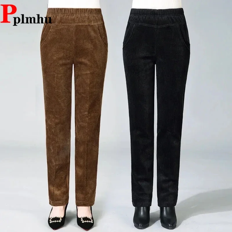 

Spring Fall Elastic High Waist Straight Trousers De Mujer Mother's Casual Brown Corduroy Pants Women Classic Black Pantalones