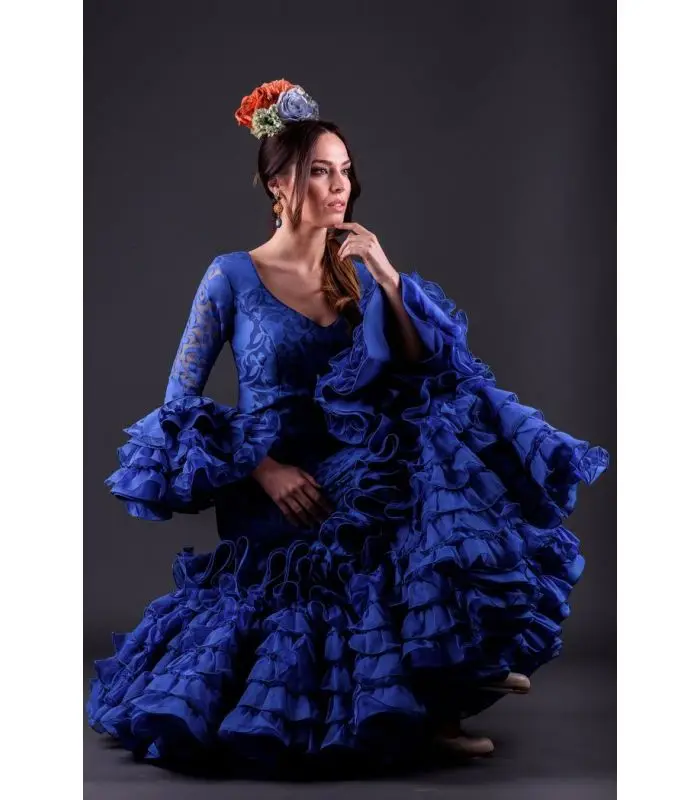 Vestido de fiesta de sirena azul real con volantes, manga larga, encaje Floral, Vestido de novia, Alhambra, Azulina, Vestido de noche, Flamenca