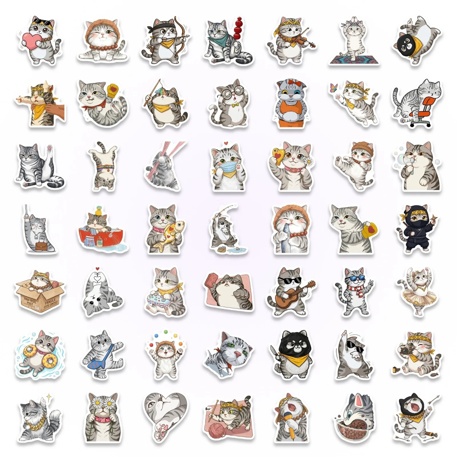 50-Pack Colorful Cat World Doodle Stickers Waterproof Decals for Water Bottles Guitars Luggage Notebooks Stationery Decoration