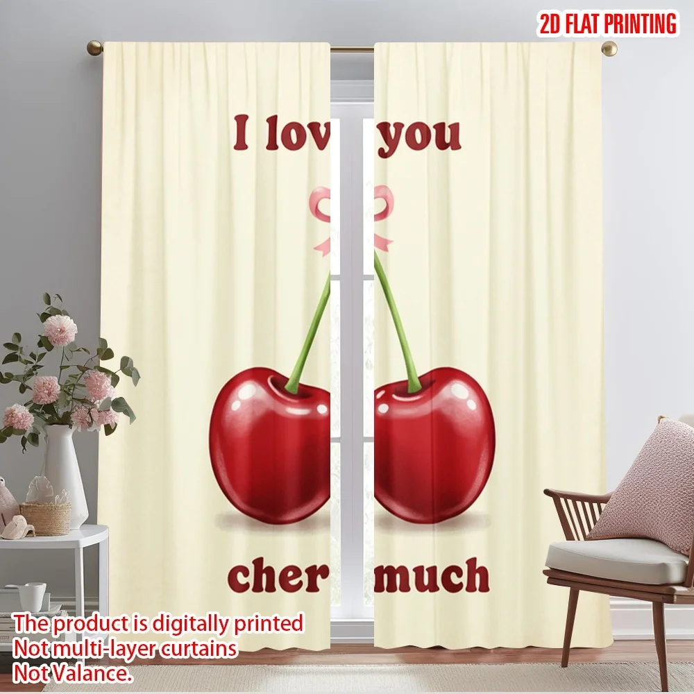

2pcs 2D flat printing Window Curtains I love you cherry much Fabric Without Electricity Festive Curtains Perfect for General