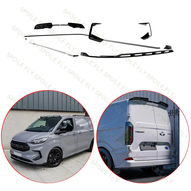 Für Ford Transit Custom MK2 2023+ Karosserie-Kit mit Dachspoiler Heckdiffusor Frontlippe Seitenschweller Front-Lufteinlassflügel Schwarz