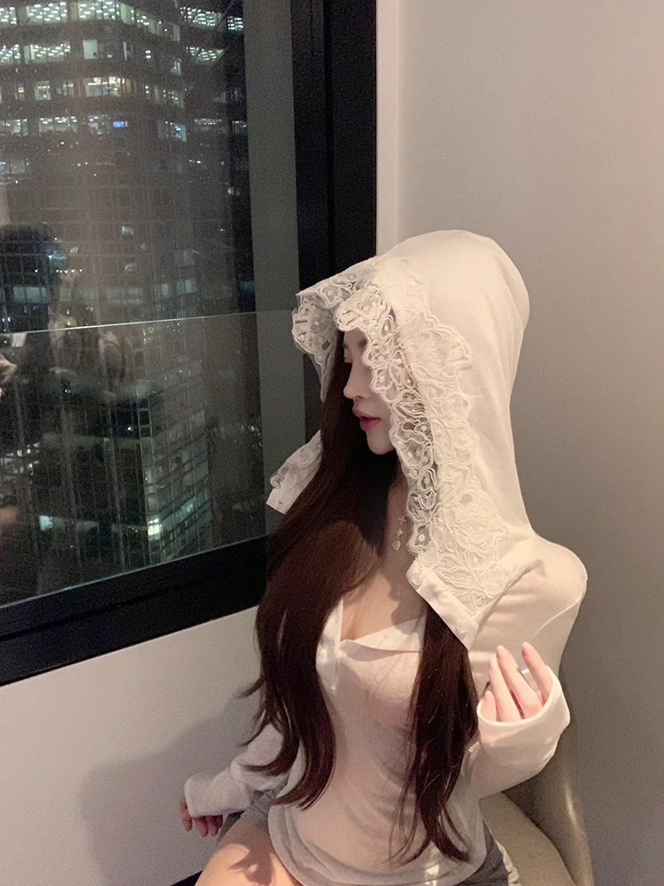 

Женская футболка Luna Lace в стиле пэчворк с капюшоном Long Sve, ранняя осень, чистое желание, сексуальный интернет-красный облегающий топ, повседневный Sle