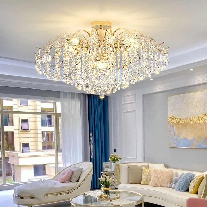 Modern Luxury K9 Crystal Ceiling Lights Gold Metal Mounted Chandelier E14 Led Luminarias Bedroom Home Decor Ceiling Lamp