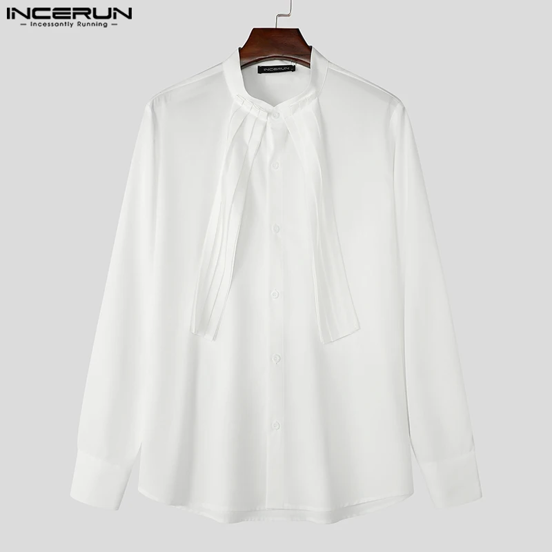 2024 INCERUN Korean Style Fashion Shirt Men Long Sleeve Solid Tops Solid Stand Collar Simple Loose Camiseta Vintage Elegant Tops