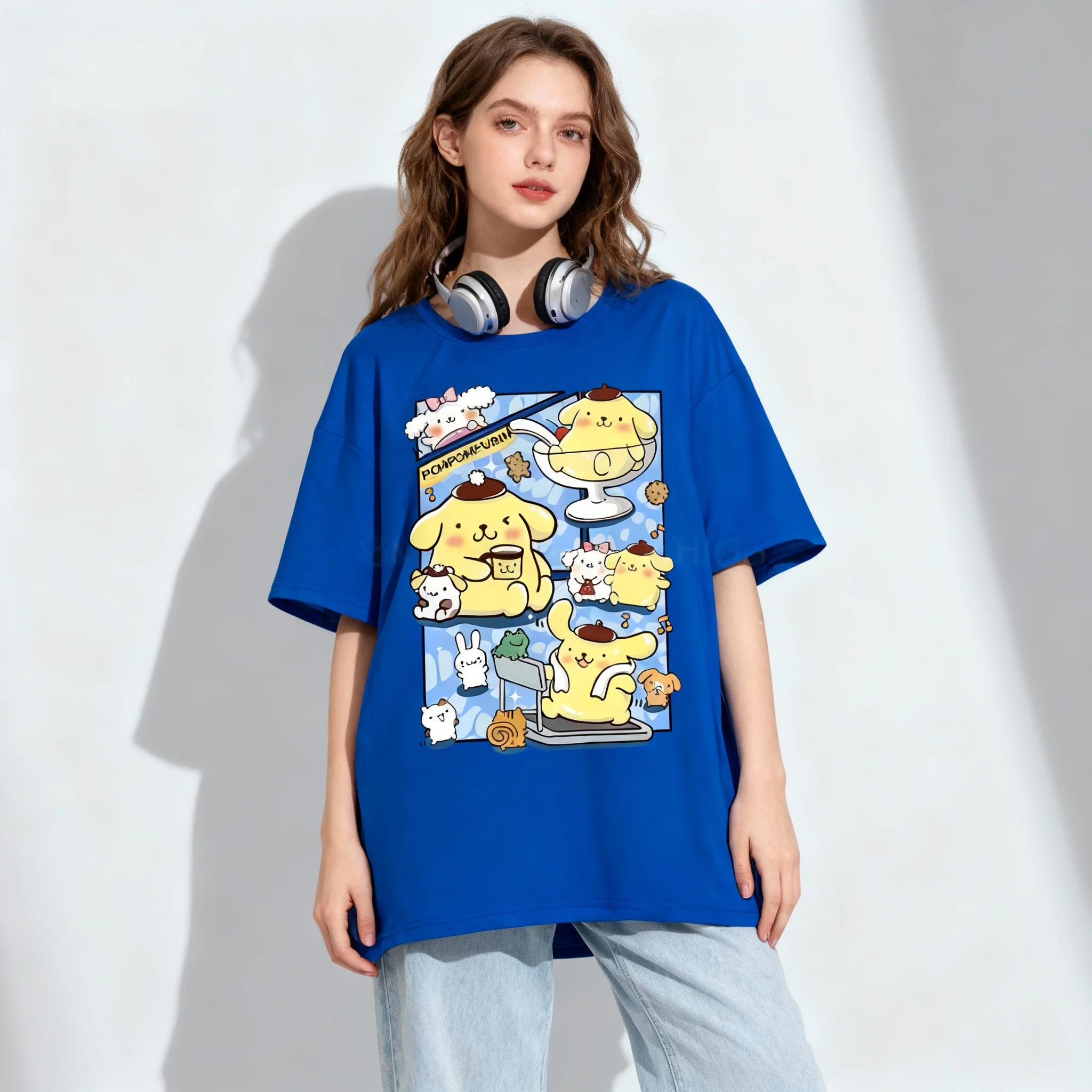 Новая американская спортивная одежда Sanrio Family Pudding Dog, милая крутая летняя футболка большого размера, женская и мужская спортивная одежда для взрослых