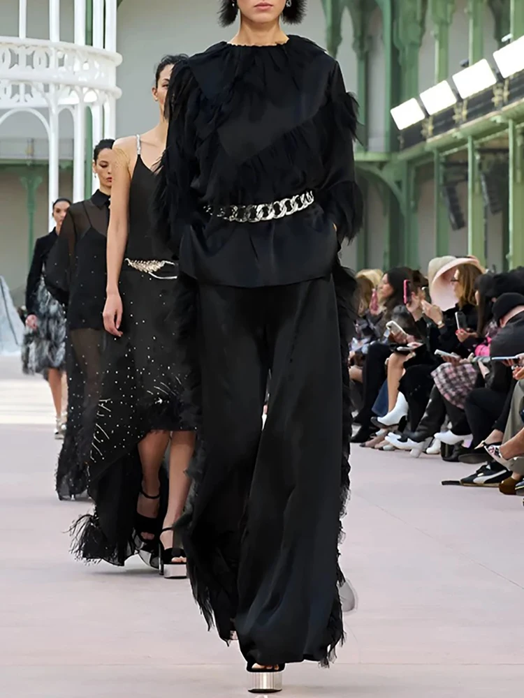 

Spring Summer Fashion Party Elegant Silk Wide Leg Pants Suit Women's O-Neck Shirring Flounces Shirt+Wide Leg Pants 2 Pieces Set