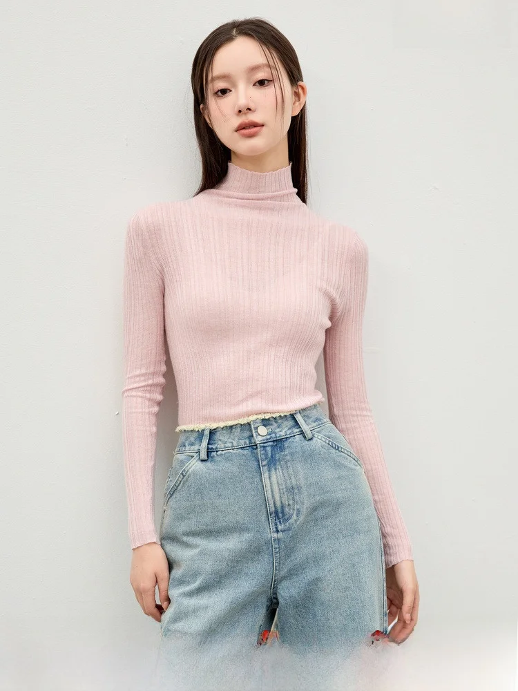 

RIVER BEAU Women's Slim Fit High Ne Knitwear Wool Sweater Long Sve Pure Color Sweet Sle Winter New Arrival