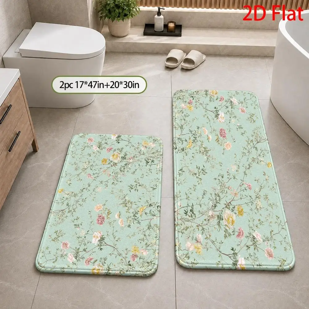 Floral Bath Mat Rug Bathroom Decor Mint Green Cottage Style Waterproof Non Slip Luxury Mat for Master Bathroom Area Decor