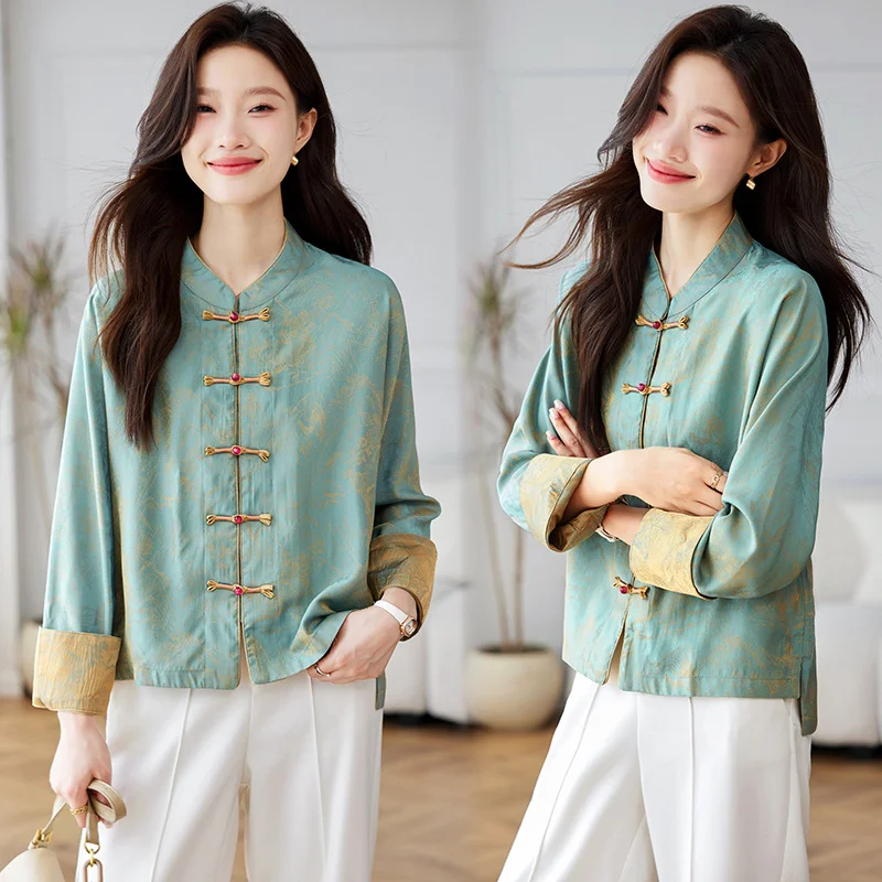 Women New Chinese Style Tops Vintage Button Clothes Elegant Jacquard Patch Work Blouse Mandarin Collar Coat Long Sleeve Jacket