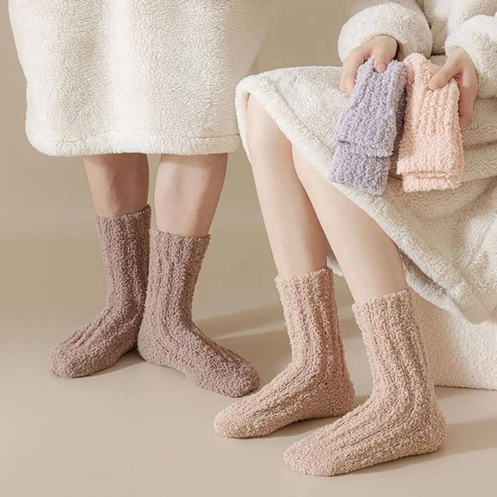 

4Pairs Kawaii Thickened Coral Fleece Socks Sleeping Simple Floor Plush Socks Hosiery Winter Mid Tube Socks Women Winter