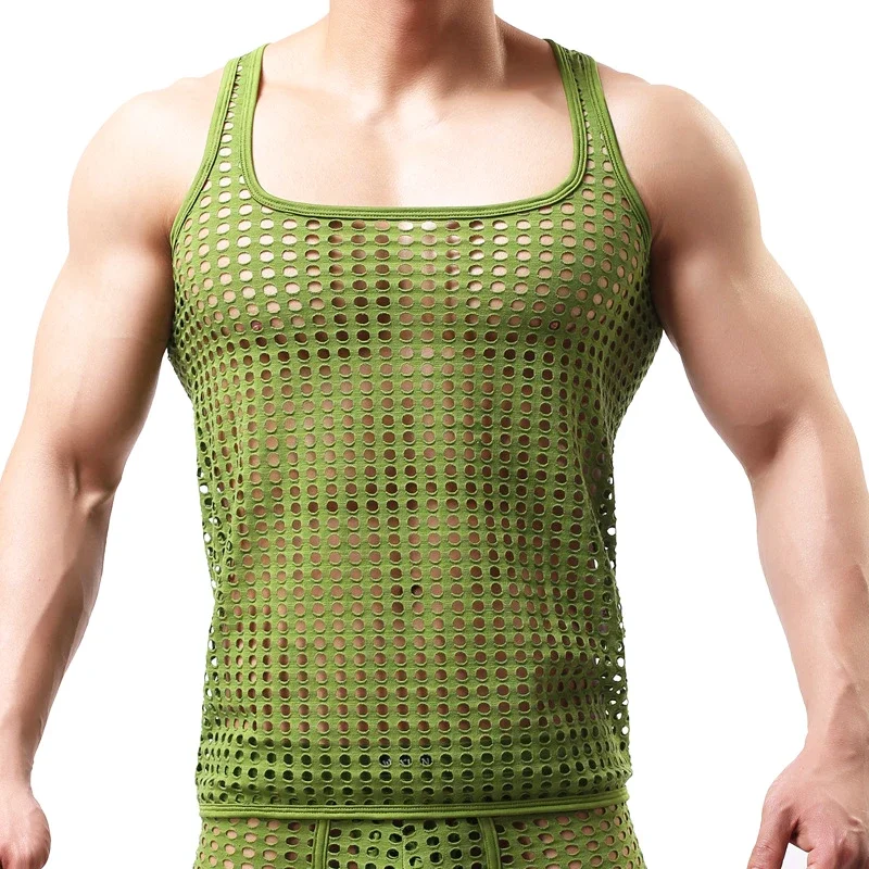 Sexy Men Tshirt Sleeveless Mesh Sheer Tank Tops Outwear Training Vest Fishnet Hollow Out See Through Sporting Clothing