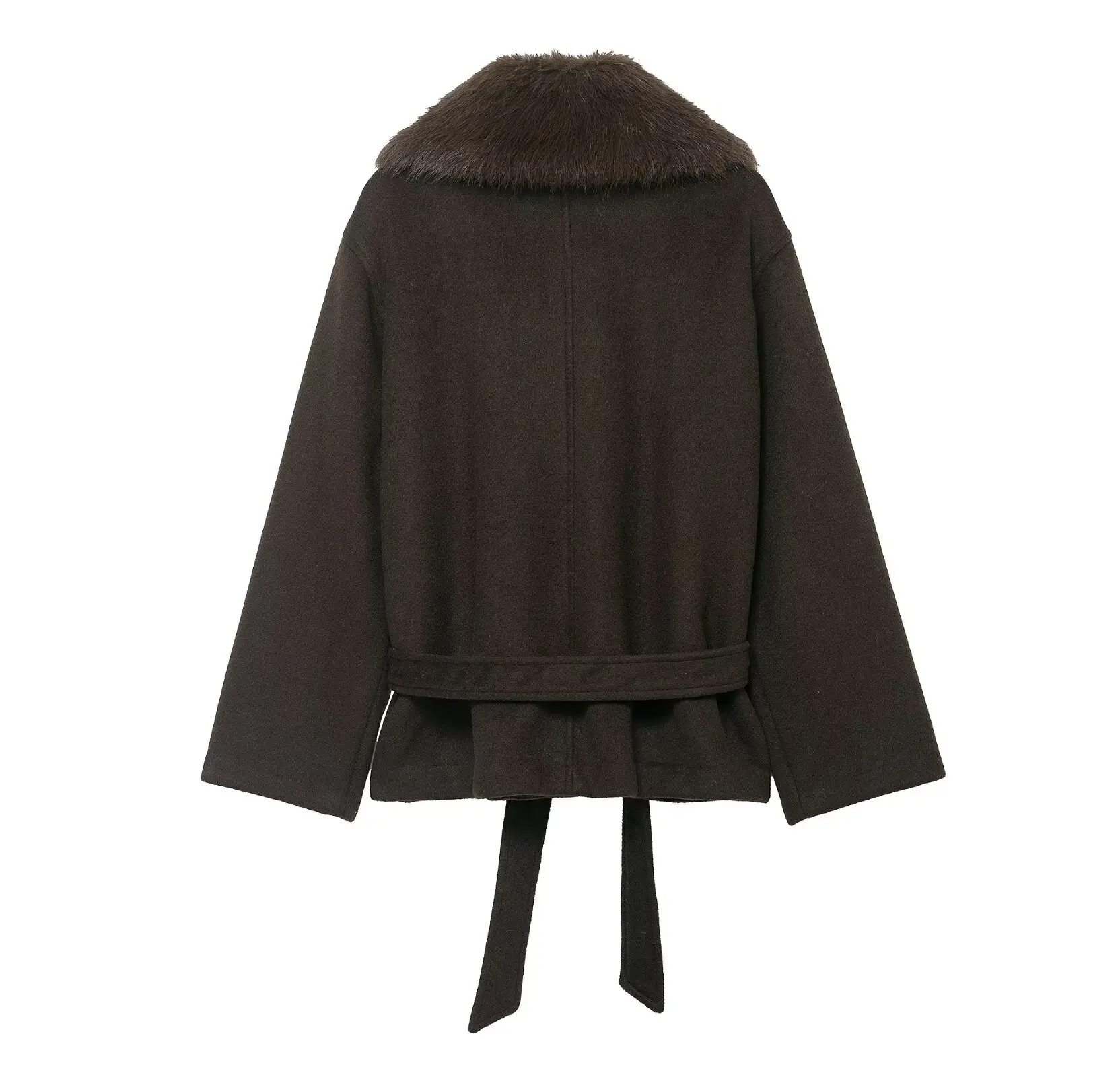 Damska kurtka wełniana z futrzanym kołnierzem, z długim rękawem, z paskiem, w jednolitym kolorze, modna i uniwersalna, nowy styl na jesień i zimę 2025.