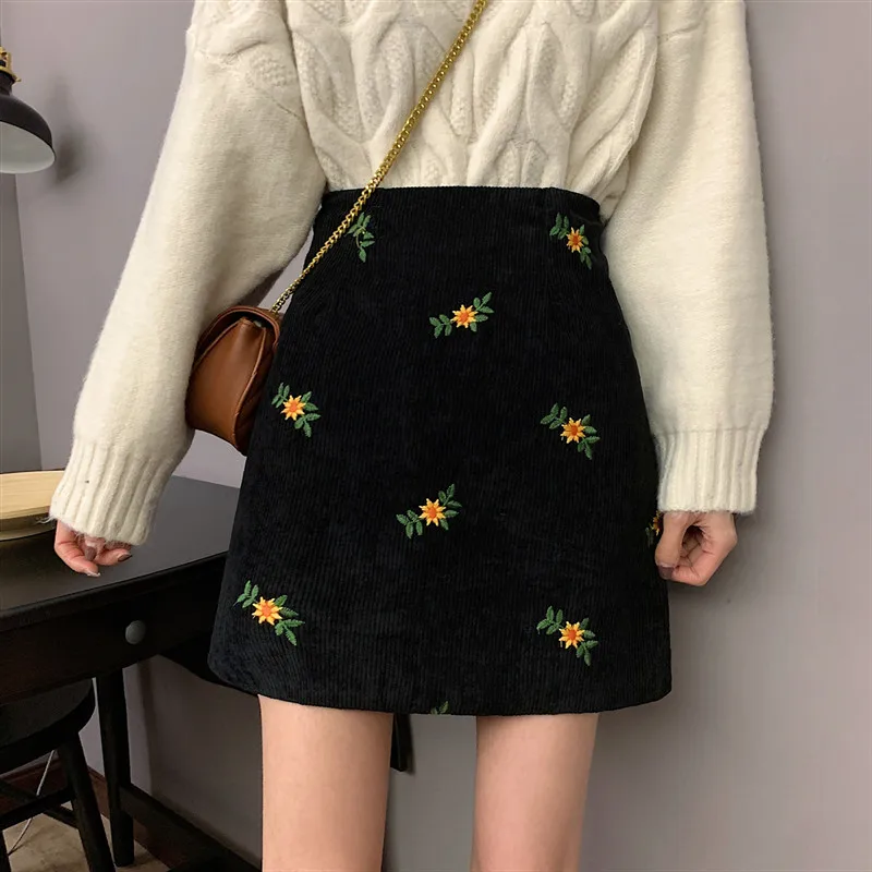 

Fashion Trends Sweet Preppy Style Office Lady Floral Embroidery Corduroy High Waist A-line Package Hip Skirt