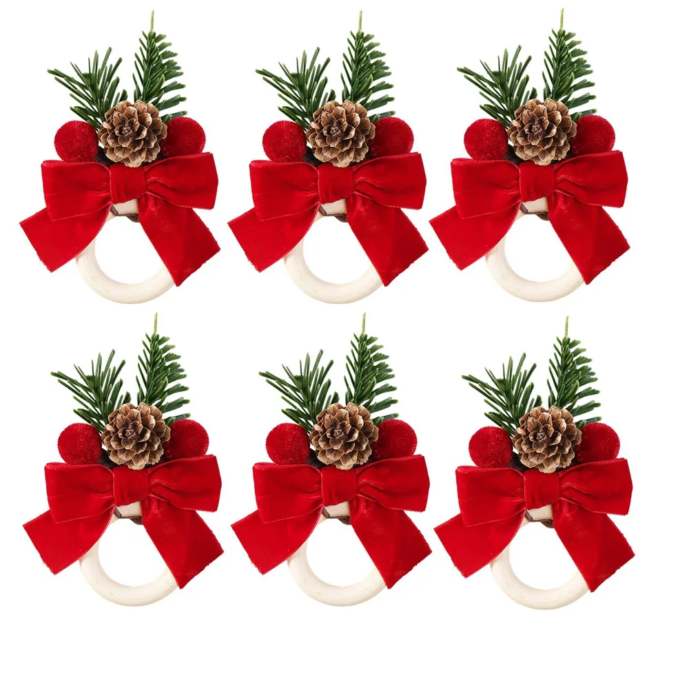 6PCS Fabric Craft Christmas Napkin Rings Realistic Pine Needle Red Bow Napkin Rings Delicate Simulation Festive Napkin Buckle