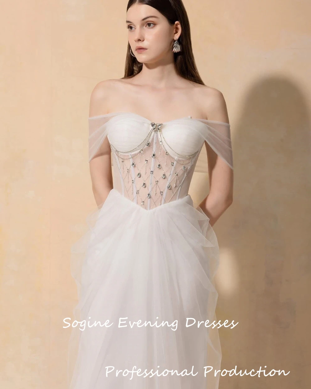 Robes de mariée formelles pour femmes, épaules dénudées, Corset, robes de bal blanches, en Tulle avec cristaux, robe de soirée droite formelle