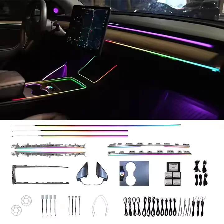 

Для Tesla Model 3/Y комплект внутренних светящихся огней, беспроводной пульт дистанционного управления IP67, водонепроницаемое светодиодное акцентное освещение для дверей, подстаканников