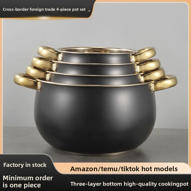 Stainless steel set pot, black matte set pot with lid, large capacity household cooking soup pot