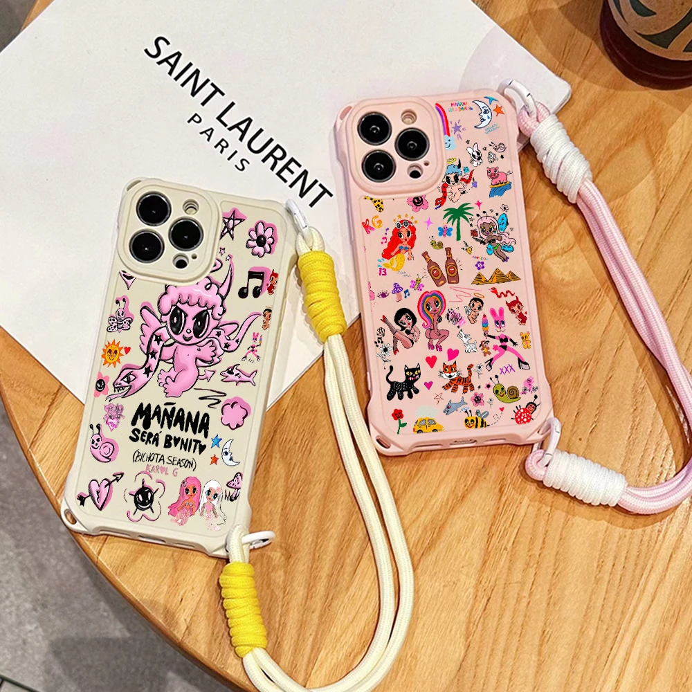 Karol G Manana Sera Bonito Vier Hoek Anti Vallende Telefoonhoes Voor Iphone 16 15 14 13 12 11 Pro Max 8 Plus Hoes Met Lanyard