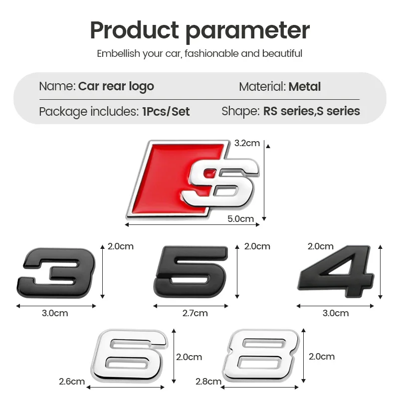 Letras e Números de Metal 3D para Audi Série S, Emblema do Carro, Pára-choque, Tronco, Logotipo Traseiro, Adesivo, Preto, Prata, Estilo, S3, S4, S5,