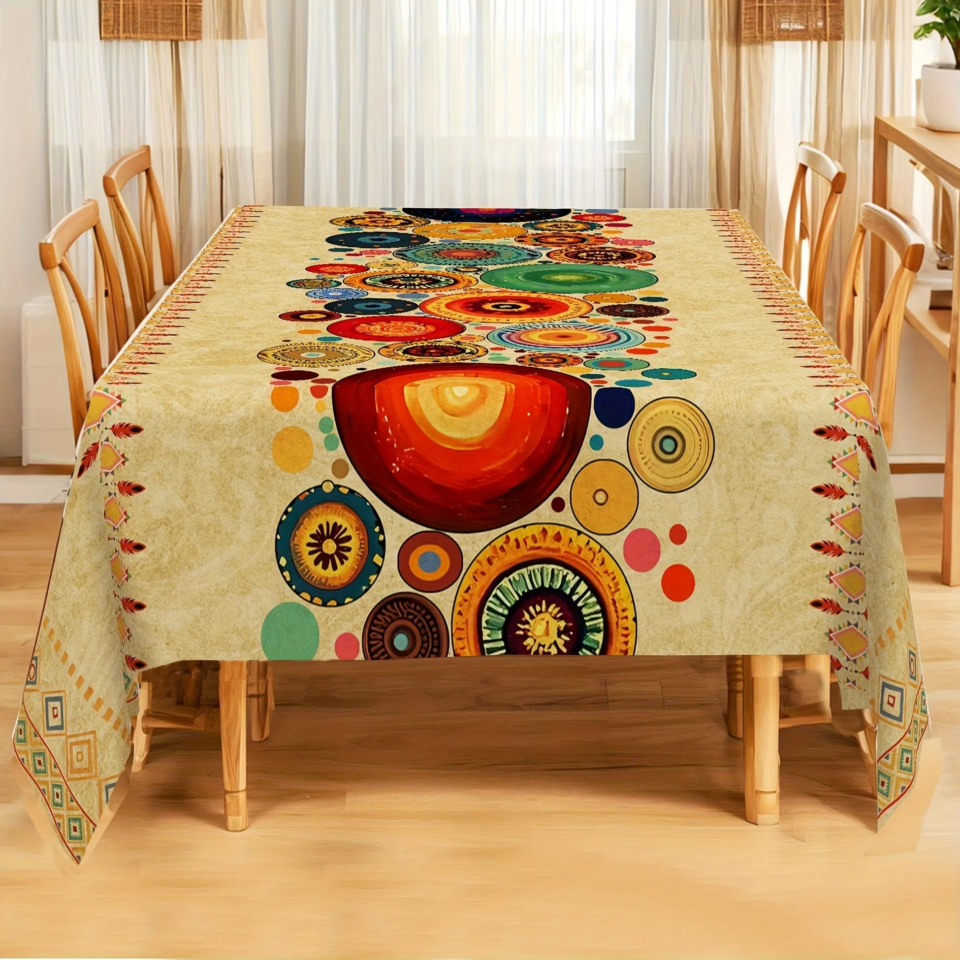 [2D] Tablecovers 1pc Polyester Tablecloth Perfect Gift Retro Bohemian Style Tablecloth Geometric Circular Pattern with Earthy Tones Durable Rectangular Placemat Suitable for Spring And Summer Indoor And Outdoor Use Holiday Party Home Decoration Dini