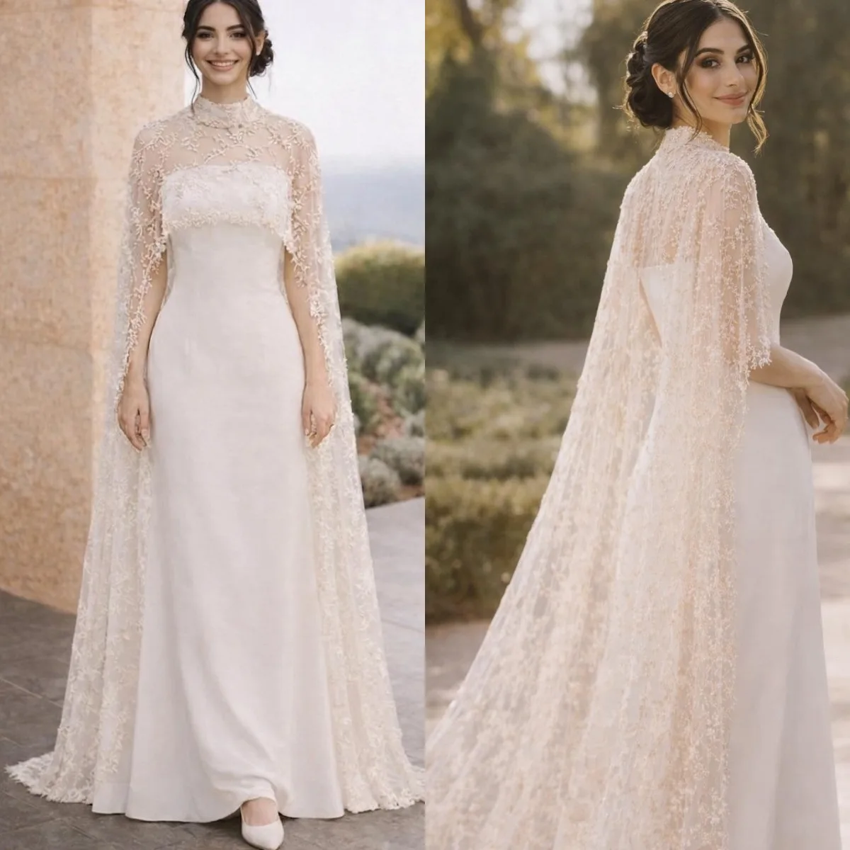 Luxury White Sheer Lace High-Neck Bridal Cape with Floral Embroidery and Floor-Length Train Women Wedding Customized V265339