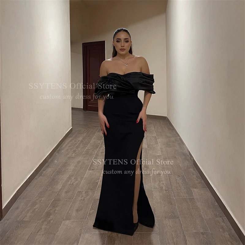SSYTENS Satin noir robes de soirée plis robes de bal longue robe de soirée d'invité de mariage pour les femmes d'invité robe de soirée personnalisée