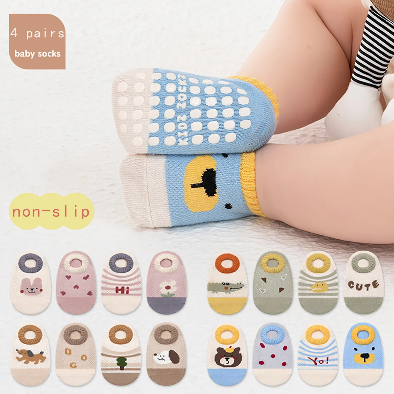 4 Paar Bodensocken mit Cartoon-Tierbuchstaben-Liebesmuster für Jungen, Mädchen, Säuglinge und Kleinkinder, Bootssocken, rutschfest, wir