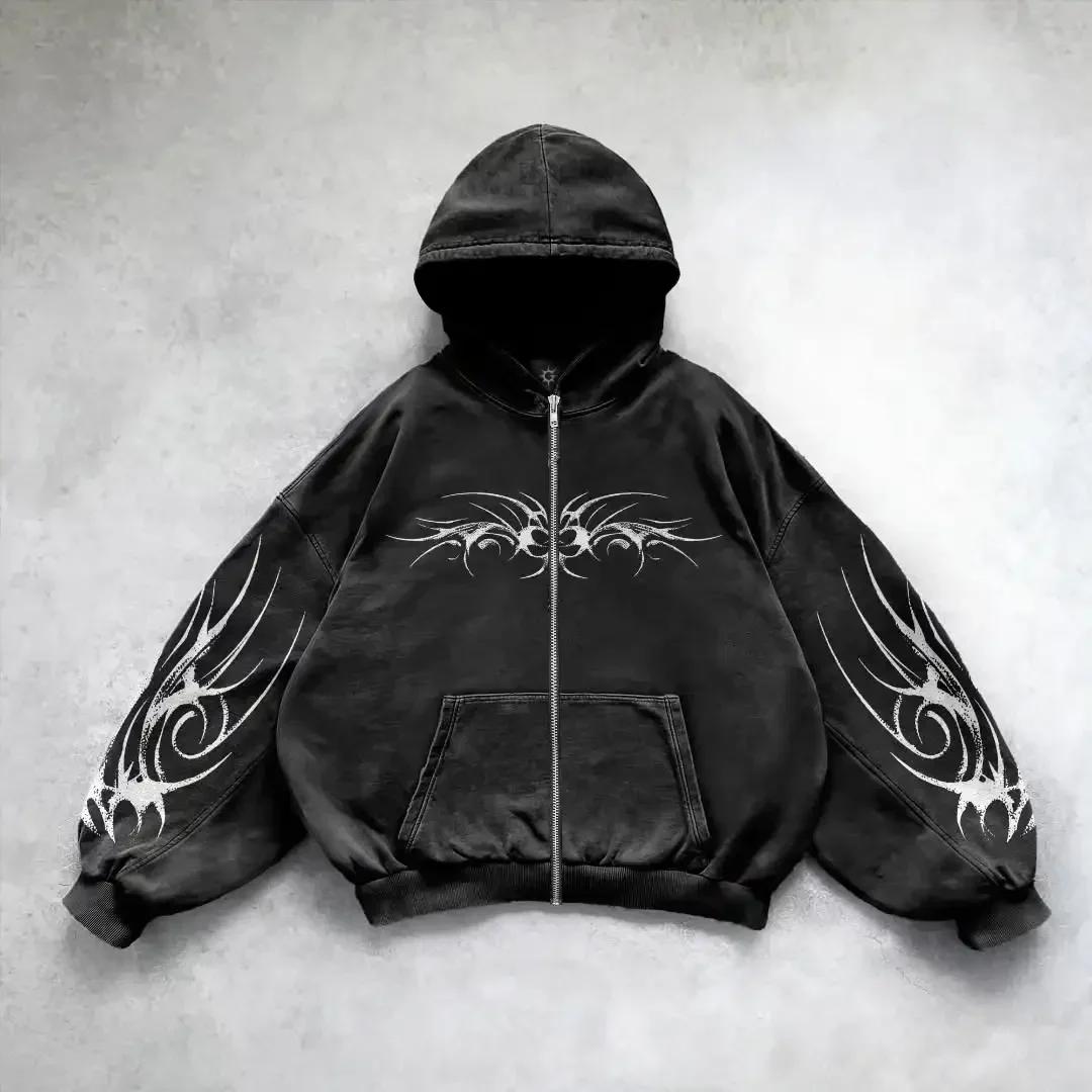 Hip-Hop-Herren-Reißverschluss-Hoodie Schwarz Grau 3D-Dunkelprint-Muster Y2k Gothic Harajuku Herbst Lockerer Modischer Persönlicher Street-Hoodie – Detail 6