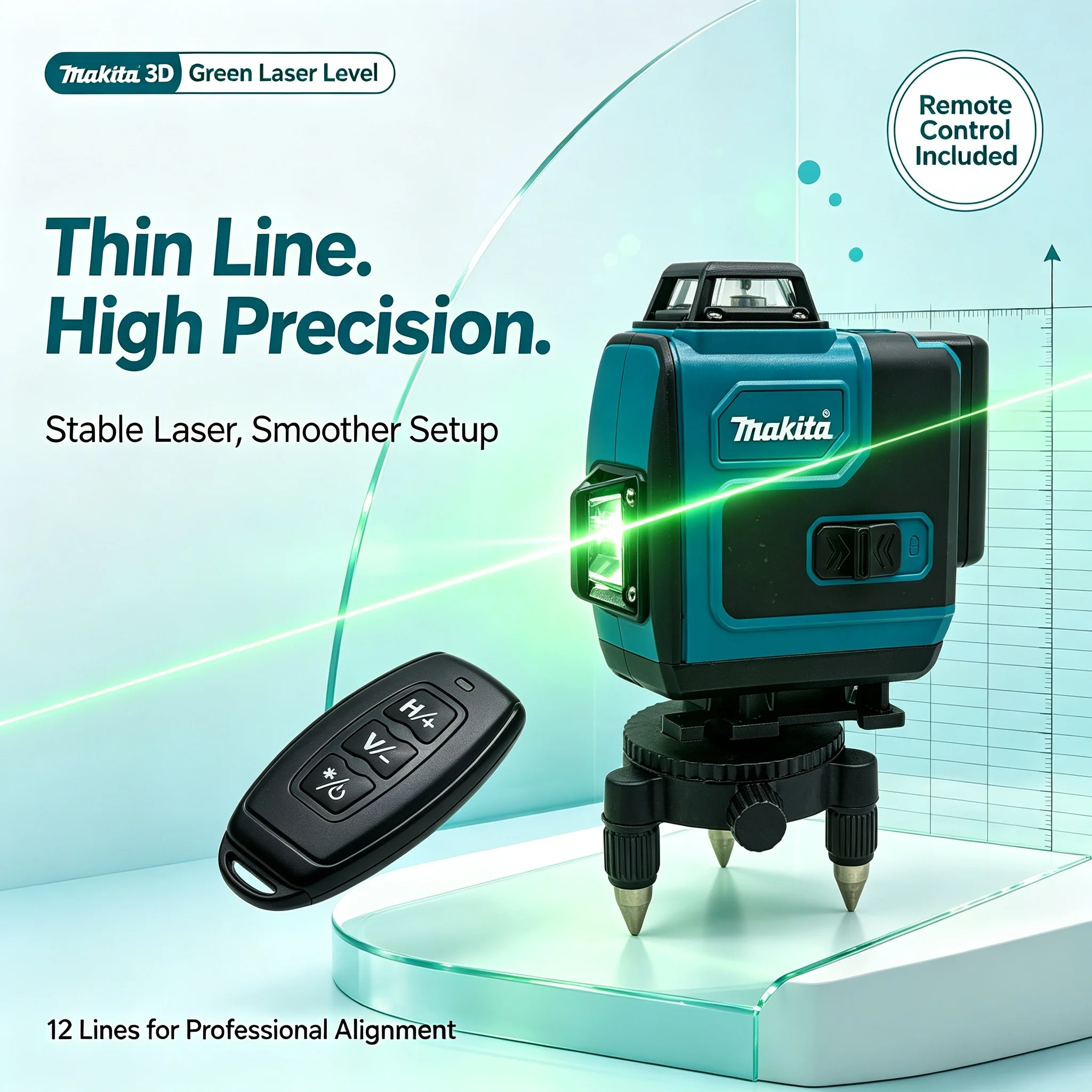 Makita 3D-4D Green Laser Level,16 Lines High Precision 360° Horizontal & Vertical Lines,Wall Mount Portable Laser Measuring Tool