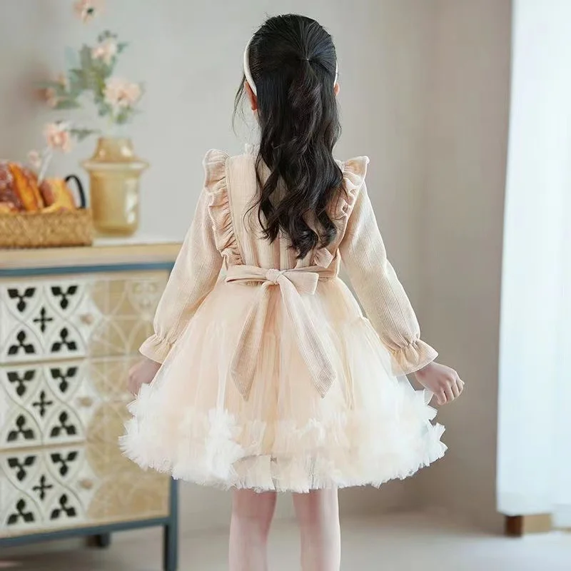Girls Bow Knot Corduroy Dresses Autumn Winter Kids Sweet Patchwork Mesh Puffy Princess Dress Children Birthday Party Daily Skirt