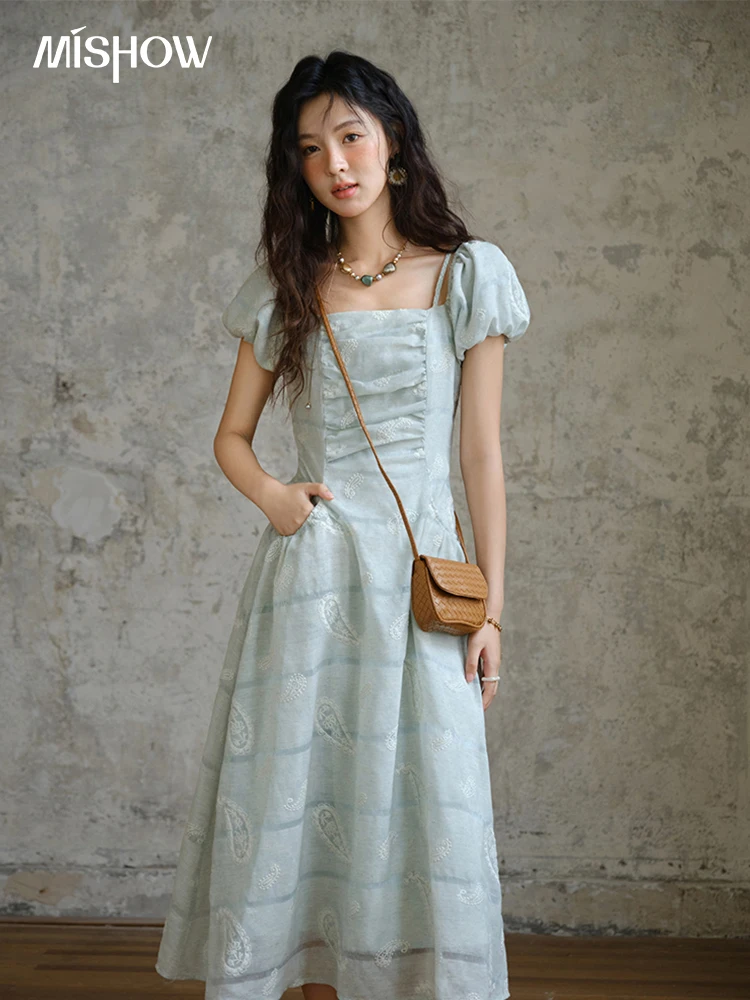 

MISHOW Fashion Embroidery A-line Dress for Women 2025 Summer Puff Sleeve Square Neck Vacation Dresses Female Clothing MXE34L2265