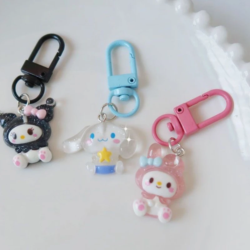 Sanrio Anime Hello Kitty Transparent Fine Flashing Keychain Cartoon Cinnamon Dog Kuromi Melody Bag Pendant Cute Key Accessories