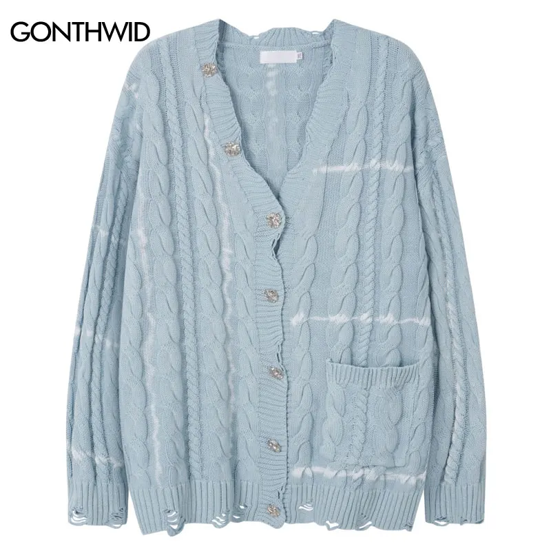 

Hip Hop Cardigan Sweater Coat Y2K Grunge Streetwear Solid Ripped Holes Tie Dye Jumpers Men Harajuku Casual Punk Gothic Sweaters