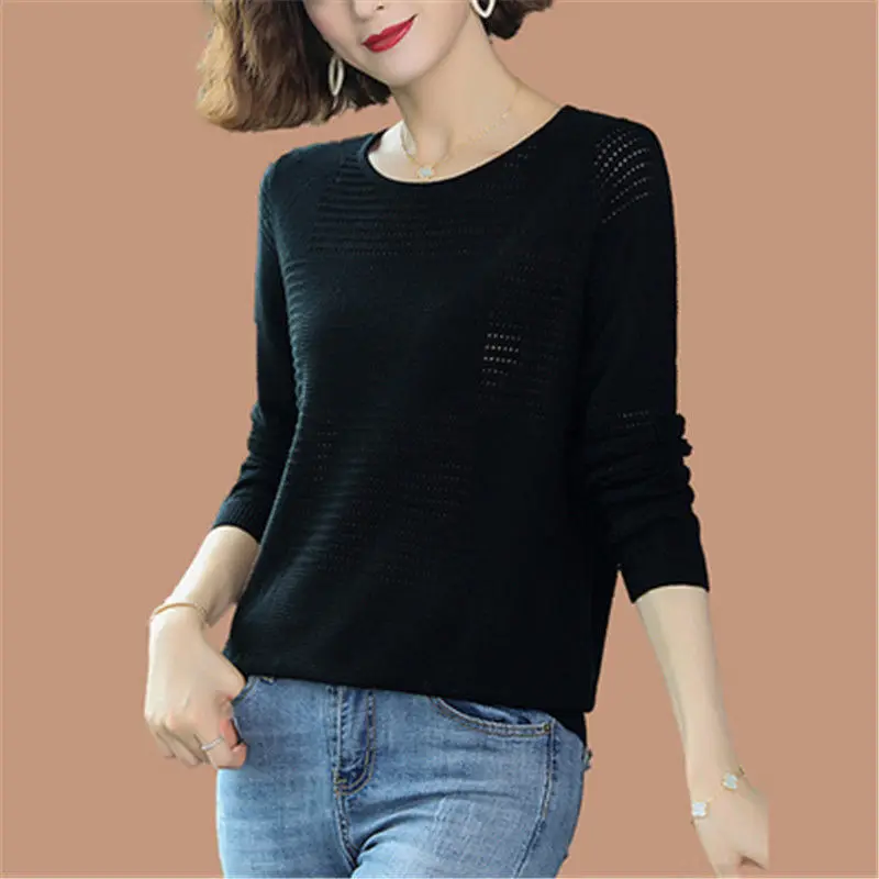 2024 New Simple Spring and Autumn Solid Color Women\'s Round Neck Hollow Fashion Commute Long Sleeved Loose Sweater Knitted Tops