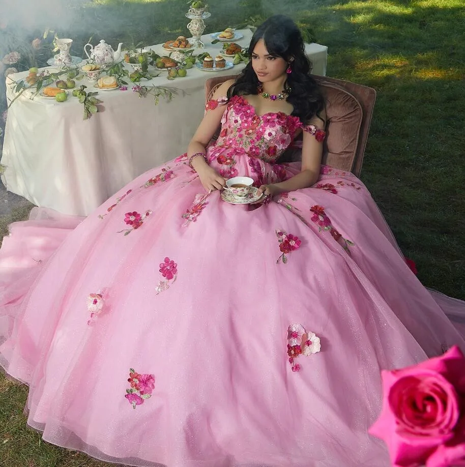 Vestido de quinceañera Floral 3D rosa fucsia, chaqueta con hombros descubiertos, bordado de flores, brillante, 15