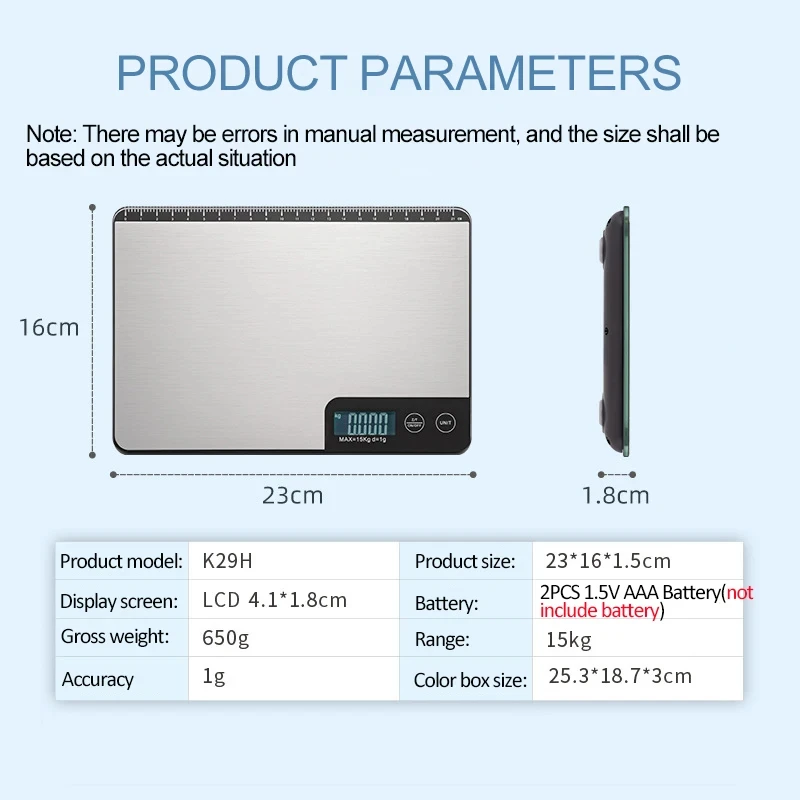 15Kg 1g Digital Kitchen Scale Stainless Steel Weighing Food Diet Balance Scale Household Electronic Scale With 21cm Measure Rule