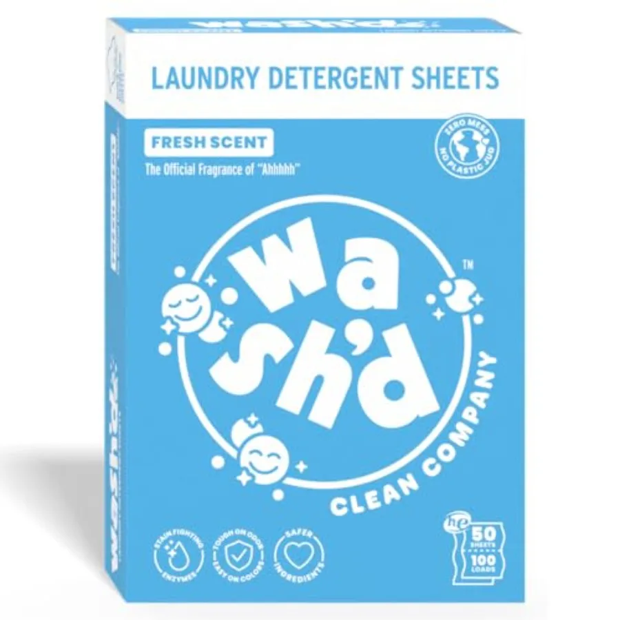 

Wash'd Laundry Detergent Sheets - 3 Enzyme High Powered Clean - Sensitive Skin Safe, No Harsh Chemicals - Plastic Free Travel F