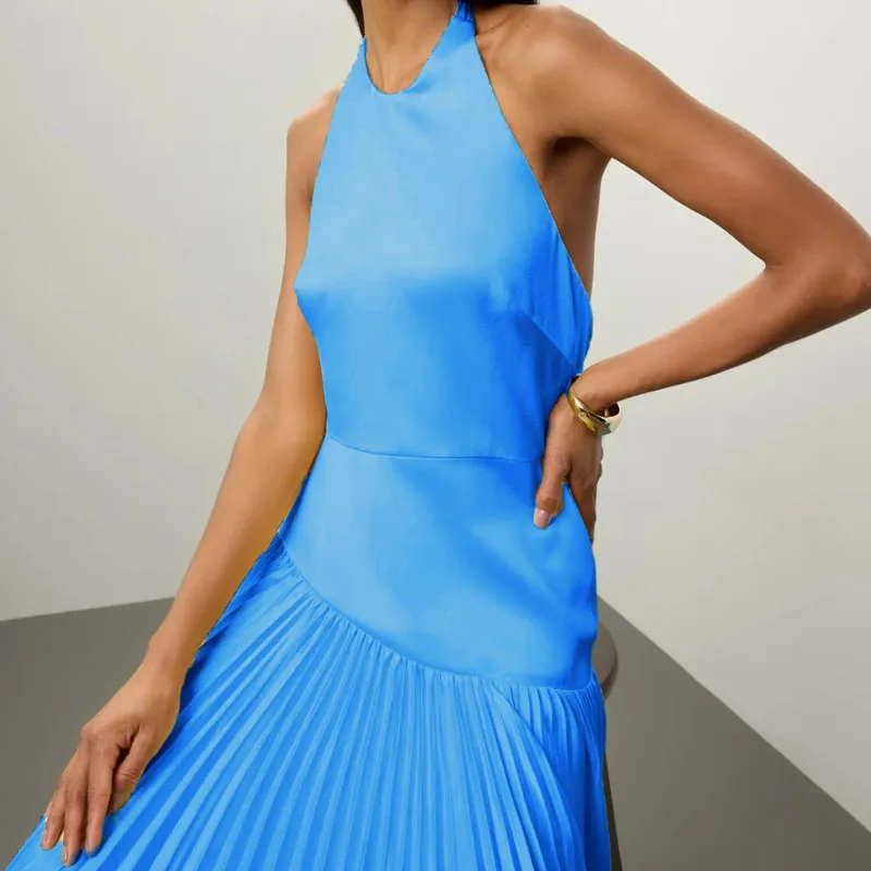 섹시한 홀터 슬리브리스 홀로우 아웃 플리츠 드레스 우아한 새틴 스플라이스 이브닝 드레스 패션 솔리드 컬러 슬림 빅 헴 롱 드레스