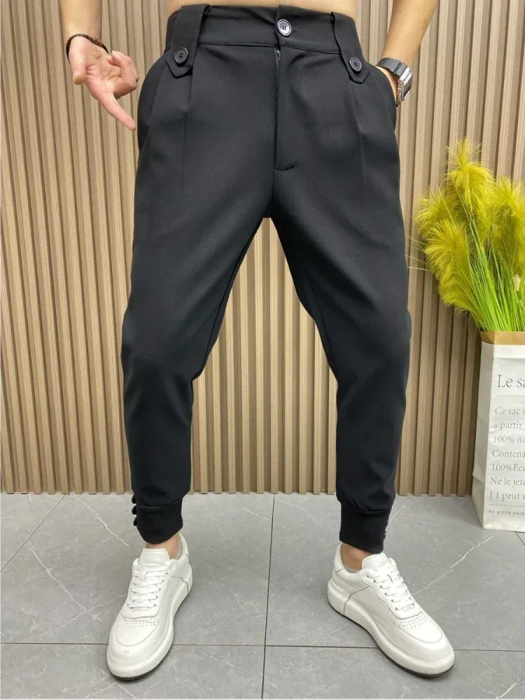 Slim Fit Plus Big Size Tressed Men's Summer Pants 9 Cropped Male Suit Trousers Korean Style Clothes Slacks 2024 Formal Luxury