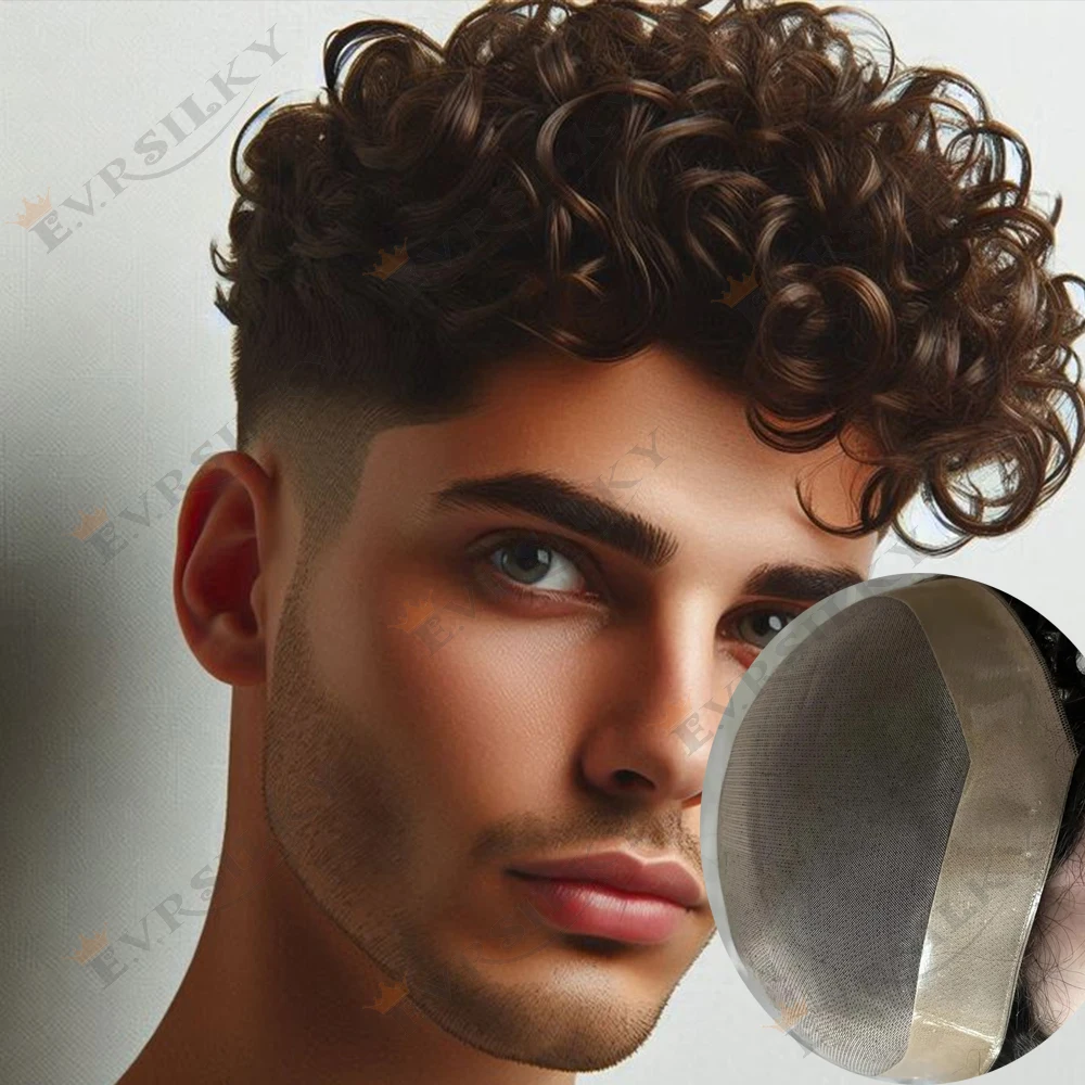 

Натуральная фронтальная линия 20 мм 22 мм Натуральный вьющийся мужской капиллярный протез Коричневый блондин парик из человеческих волос Супер прочный тонкий моно мужской парик