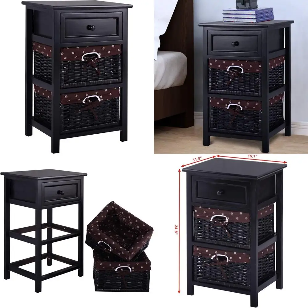 

3-Tier Wooden Nightstand with Storage Baskets and Drawer, Sofa Side End Table with Basket & Storage