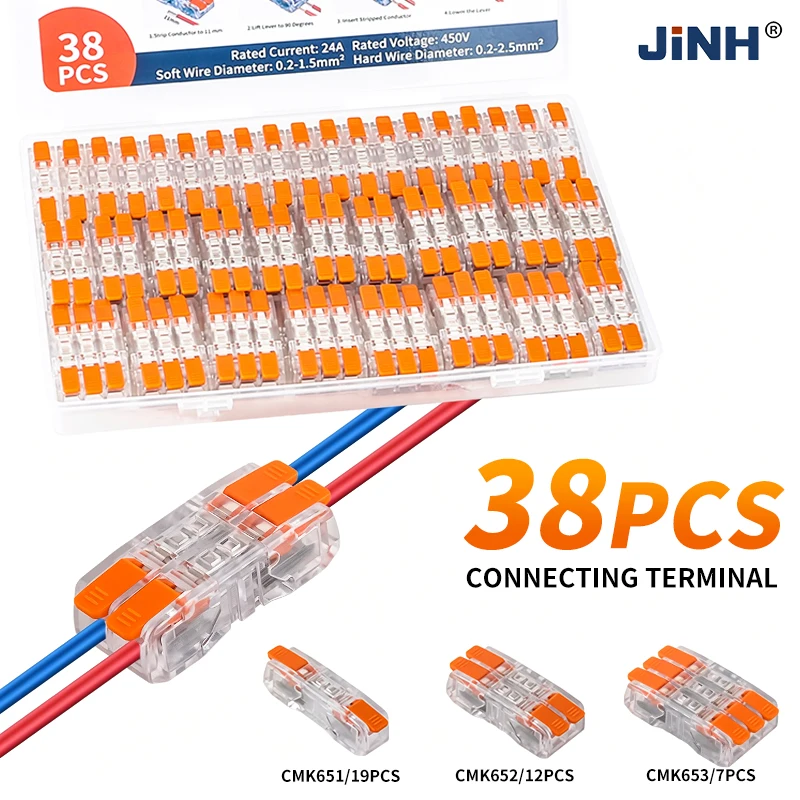 JINH Clear Quick Push-in Cable Splicer Set, 38 Pieces Mixed 1-3 Port, CMK65 Series Parallel Butt Connectors, Tool-Free 2.5mm²