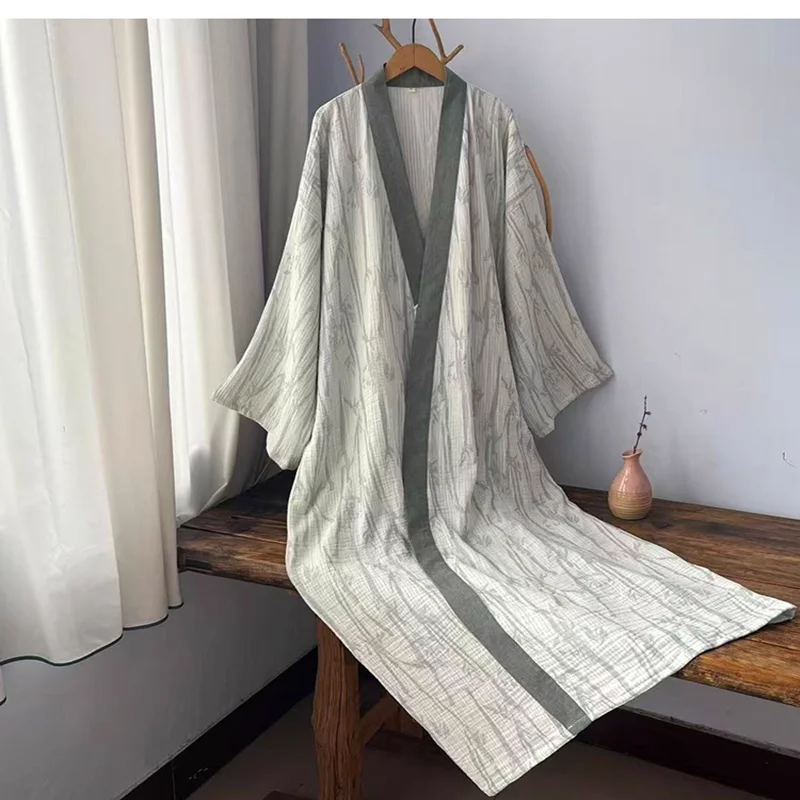 Mens Kimono Robe 100% Cotton Yarn Three Layers Nightdress Chinese Style Hanfu Long Robe Nightgowns For Men Zen Clothing