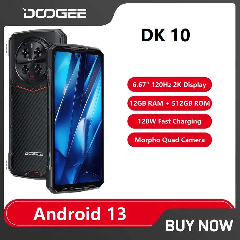 DOOGEE DK 10 Robuuste telefoon 5G Afmeting 8020 32 GB RAM + 512 GB ROM 6,67 "120 Hz 2,5 K AMOLED-scherm 120 W Snel opladen 50 MP mobiele telefoon