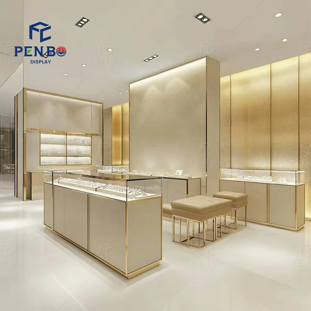 Luxo moderno vitrine de jóias armário mdf madeira vidro temperado led luz exibição de jóias mesa vitrine de jóias douradas